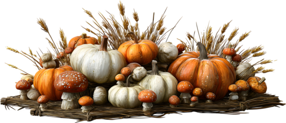 Rustic autumn harvest featuring creamy white and vibrant orange pumpkins with speckled mushrooms and wheat stalks, perfect for Thanksgiving or fall decorations