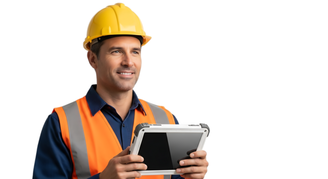 Smiling male engineer wearing a hard hat and safety vest holding a tablet looking away thoughtfully happy at work
