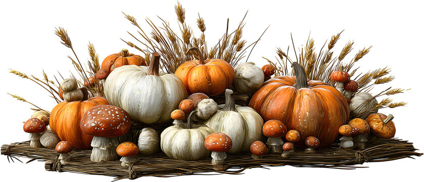 Rustic autumn harvest featuring creamy white and vibrant orange pumpkins with speckled mushrooms and wheat stalks, perfect for Thanksgiving or fall decorations