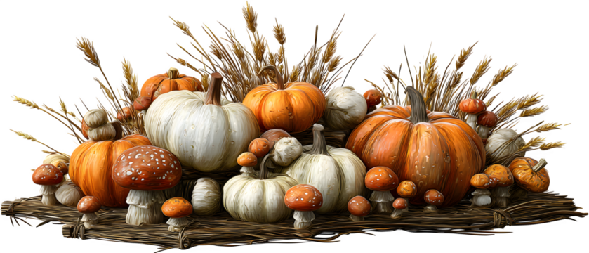 Rustic autumn harvest featuring creamy white and vibrant orange pumpkins with speckled mushrooms and wheat stalks, perfect for Thanksgiving or fall decorations