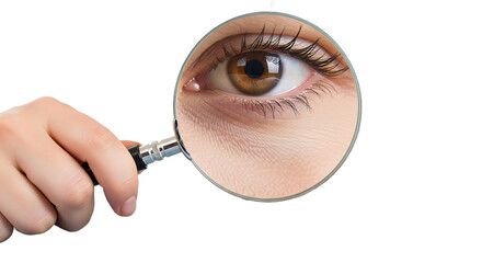 Detailed examination of a human eye using a magnifying glass to symbolize business inspection and data analysis