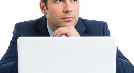 Serious professional in a navy suit looking upwards deep in contemplation or problem solving