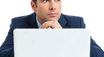 Serious professional in a navy suit looking upwards deep in contemplation or problem solving