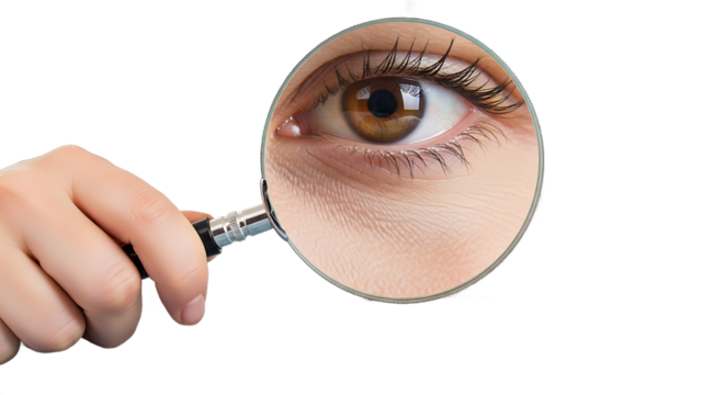 Detailed examination of a human eye using a magnifying glass to symbolize business inspection and data analysis