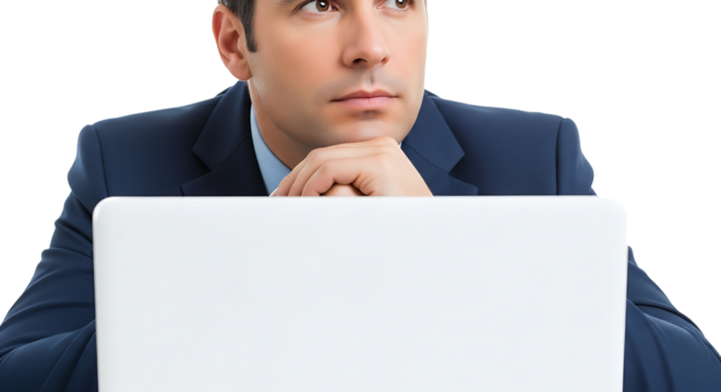 Serious professional in a navy suit looking upwards deep in contemplation or problem solving - Powered by Adobe