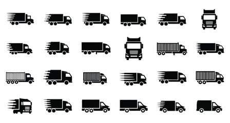 Collection of delivery truck icons in black and white showcasing various vehicle types for transportation and logistics isolated on white background for design projects