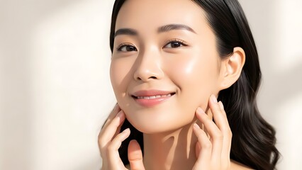 Joyful Young Woman with Clear, Radiant Skin and Natural Makeup, Embracing Beauty and Confidence in Bright Studio Setting