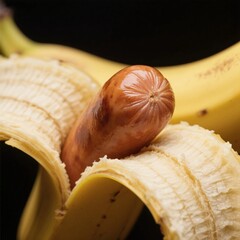 Surreal Food Composition with Banana and Sausage on Colorful Background