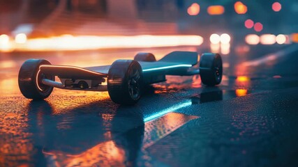 Electric skateboard lies on wet urban street at night, illuminated by colorful city lights - Powered by Adobe