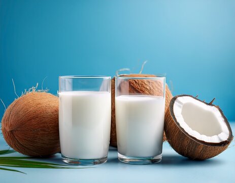 coconut milk in two glasses with whole and cut coconuts coconut milk concept as plant based protein drink perfect for fitness recovery and healthy lifestyle blue background with copy space