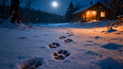 Mysterious animal paw prints in fresh snow leading to a cozy cabin. Winter story concept with peaceful night atmosphere and warm lights.