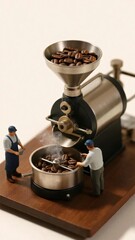 Miniature Coffee Roasting Machine with Tiny Figures and Beans