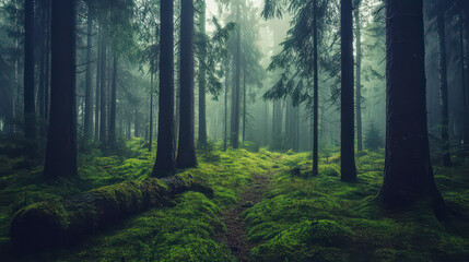 Obraz premium Misty forest landscape with moss glowing in soft morning light