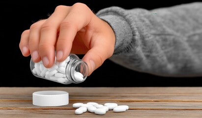 A hand is pouring white pills from a clear bottle onto a wooden surface. The scene conveys themes of health and medication.