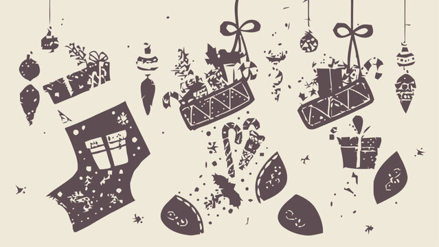 Whimsical holiday cheer with stockings, ornaments, and gifts creating festive joy for Christmas celebrations, perfect for seasonal designs and joyful themes