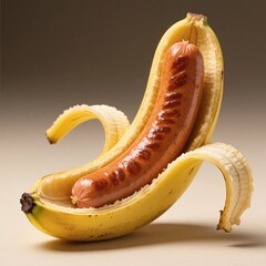 Unusual Food Combination of Banana and Sausage on Neutral Background