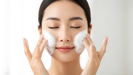 Skincare Routine: Woman Applying Foam Face Wash for Clean, Fresh Skin in a Minimalist Setting