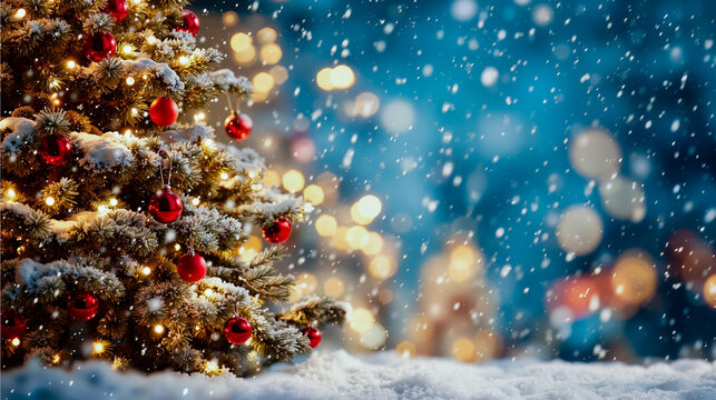 A Christmas tree decorated with red ornaments and lights covered in snow with a blurred background of lights and snowflakes