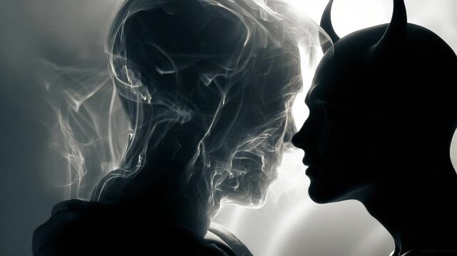 A whispering, translucent demonic silhouette behind a human head, smoke tendrils entering ears, dark tones, soft focus, psychological horror-inspired lighting