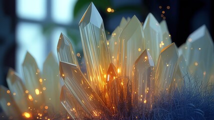 Brilliant light shines through cluster of sharp quartz crystals surrounded by spindly blue vegetation
