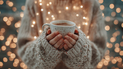 Hello Winter: holding a hot coffee cup under warm festive lights