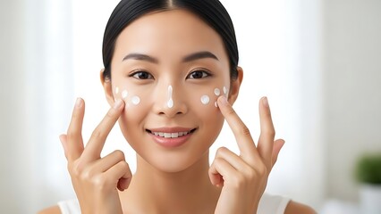 Young Asian Woman Applying Skincare Creams for Glowing Skin, Facial Care Routine, Beauty and Dermatology Concept