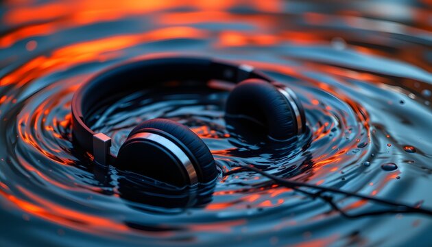 Auditory Immersion: Captivating image of headphones gracefully resting atop the rippling surface of liquid, creating a sense of auditory immersion. - Powered by Adobe