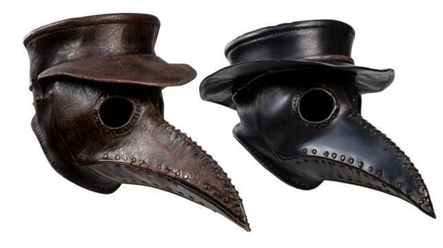 Vintage plague doctor masks evoke historical mystery and medieval drama, perfect for theatrical productions or unique Halloween costumes with an eerie aesthetic