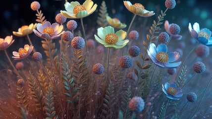 Soft light illuminates pastel wildflower blossoms and globe shaped buds in a botanical scene