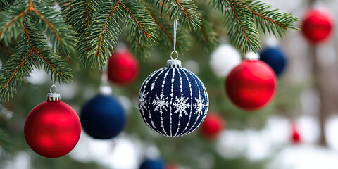 Winter festive patriotic holiday evergreen branch with blue and red ornament featuring snowflake pattern evokes cozy seasonal celebration and subtle national colors