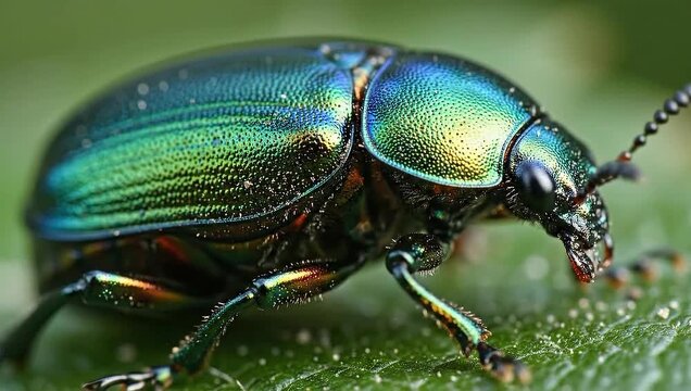 Mesmerizing macro capture of a vibrant iridescent green beetle, highlighting its gleaming metallic shell and intricate features on a textured green leaf