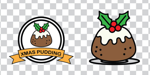 Traditional Christmas pudding with holly berries. Color cartoon drawing and black and white line icon. Vector clip art illustration set.