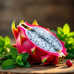 Fresh White Dragon Fruit Half with Mint Leaves in Natural Light