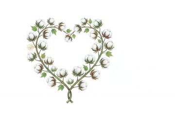 Cotton branch forming heart shape on white background  organic cotton farming