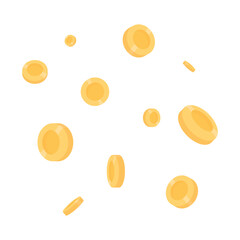 A pile of gold coins falling on a white background. Concept of big profits. Successful investments.