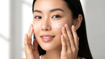 Young Woman Applying Skincare Cream for Smooth, Radiant Skin in a Modern Beauty Routine