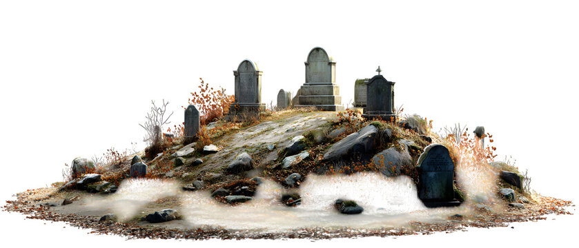 Eerie cemetery scene with aged tombstones and fallen autumn leaves evokes feelings of remembrance, loss, and the passage of time, ideal for Halloween themes