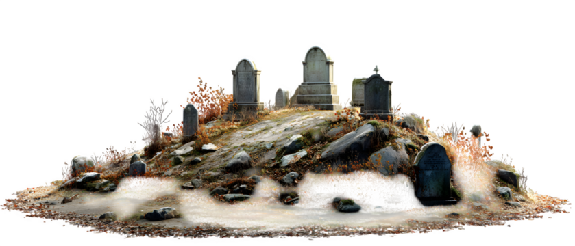 Eerie cemetery scene with aged tombstones and fallen autumn leaves evokes feelings of remembrance, loss, and the passage of time, ideal for Halloween themes
