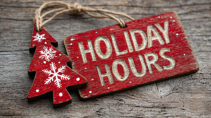 Red wooden Christmas tree decoration displays holiday hours text. Rustic sign with snowflakes on weathered planks. Seasonal retail shop information. Festive copy space.