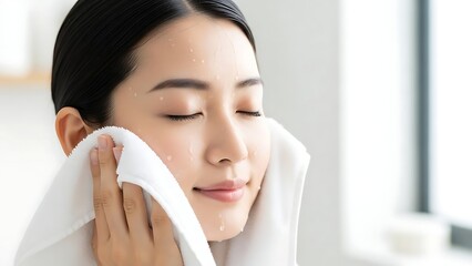 Young Woman Cleansing Face with Soft Cloth, Skincare Routine for Healthy Skin and Beauty Care