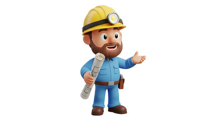 Cartoon construction worker with blueprints silhouette