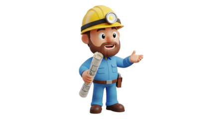 Cartoon construction worker with blueprints silhouette