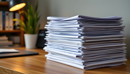 Pile of documents on a desk: Close-up of a neat stack of pristine paper, sitting on a warm wooden desk, hinting at the importance of meticulous organization and paperwork.