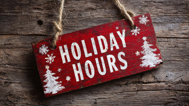 Red wooden Christmas tree decoration displays holiday hours text. Rustic sign with snowflakes on weathered planks. Seasonal retail shop information. Festive copy space.