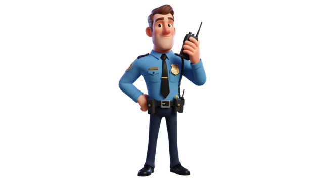 Cartoon police officer holding a walkie talkie silhouette - Powered by Adobe