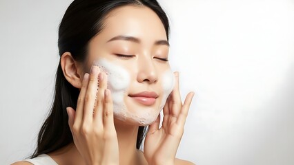 Young Woman Enjoying Skincare Routine with Cleansing Foam for Clear, Healthy Skin