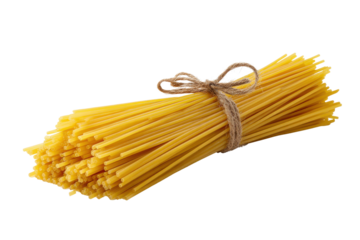Bundle of uncooked spaghetti pasta tied with twine on black background food, Isolated On Transparent Background, Png