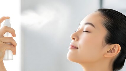 Young Woman Relaxing with Facial Mist Spray in a Bright Skincare Routine Scene