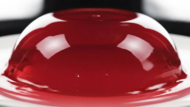 Vibrant red gelatin dessert presented in a delicate dome shape, glistening on a crisp white plate, showcasing its enticing translucent texture as a sweet, refreshing treat
