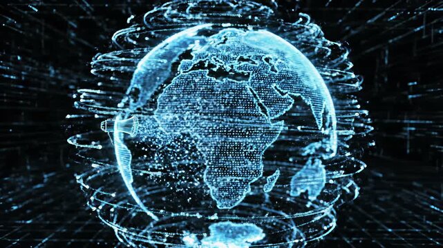 Digital Communication Concept Megaphone Spewing Water, Blue Globes with Lines and Dots, Global Connectivity, Technology, and Digital Innovation for Commercial Uses such as Advertising or.